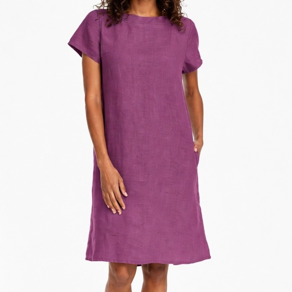 Flax Purple Truly Dreamy Dress Linen Short Sleeve Pockets Lagenlook Size Small